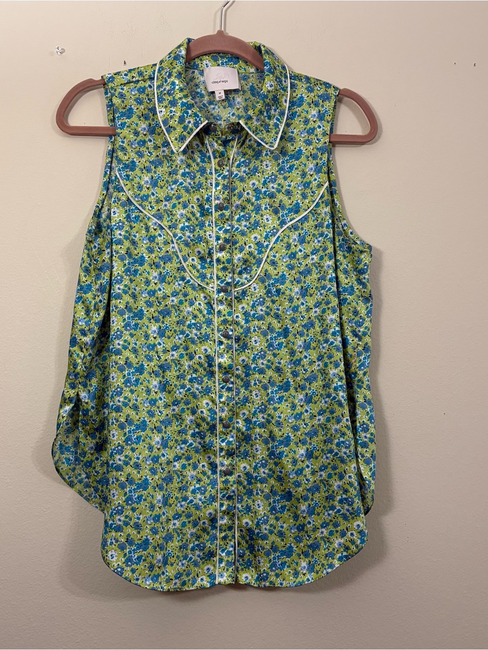 cinq a sept Green and Blue Floral Sleeveless Button-Front Camisole